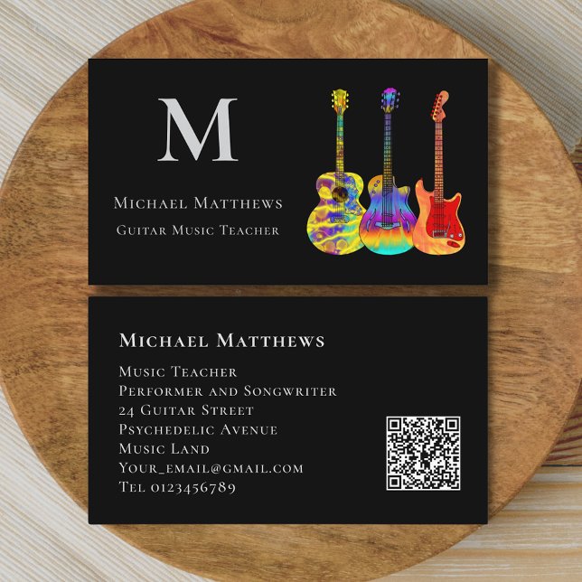 Gitarrenmusik unterrichtet benutzerdefinierten QR- Visitenkarte (Stylish guitar music teacher qr code custom business card)