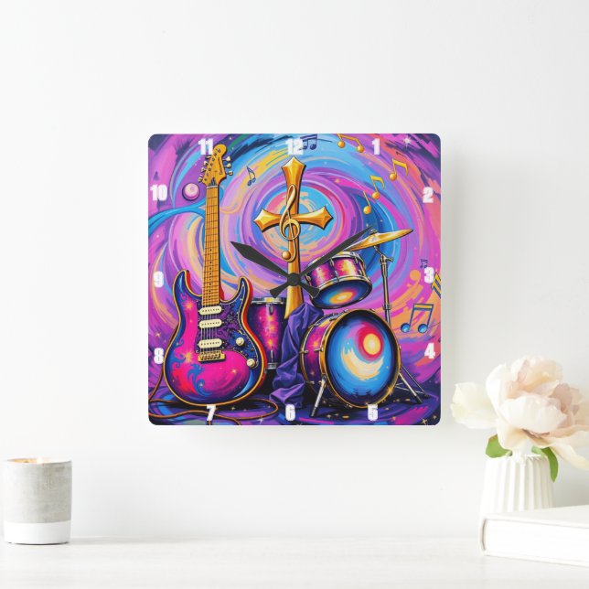 Gitarrenmusik-Verehrung Cross Art Quadratische Wanduhr (Zuhause)