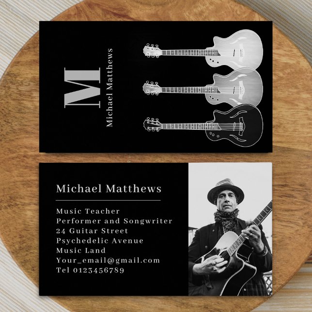 Gitarrenmusiklehrer Black Custom Foto Visitenkarte (Modern simple Guitar music tutor professional musician photo Business card Black gray and white)
