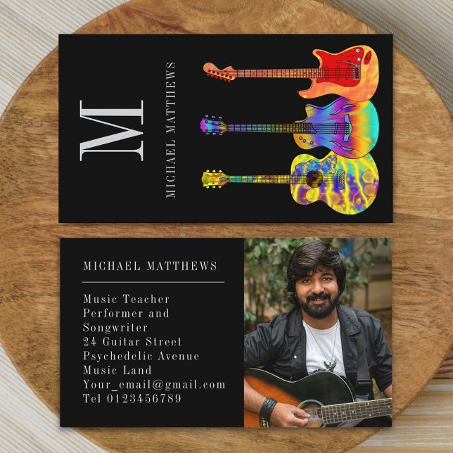 Gitarrenmusiklehrer Custom Foto Visitenkarte (Modern guitar music teacher professional musician photo Business card Colorful guitar art)