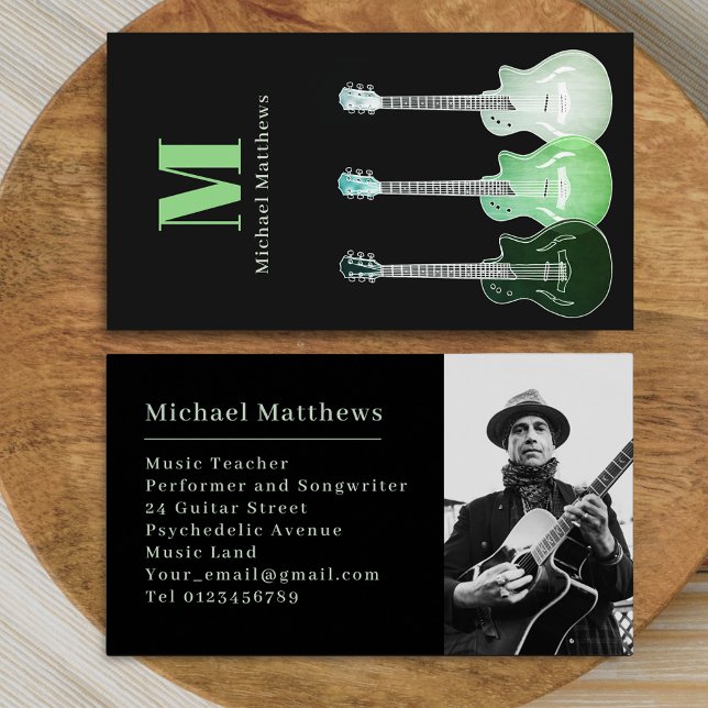 Gitarrenmusiklehrer Custom Foto Visitenkarte (Modern guitar music teacher professional musician photo Business card Green and black guitar art)