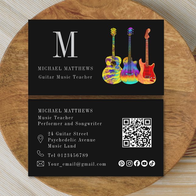 Gitarrenmusiklehrer Custom QR Code Social Media Visitenkarte (Modern guitar tutor custom qr code and social media icons business card)