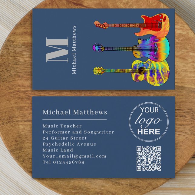 Gitarrenmusiklehrer - Kundenspezifischer QR-Code u Visitenkarte (Modern guitar music tutor professional musician logo qr code blue Business card Colorful guitar art)