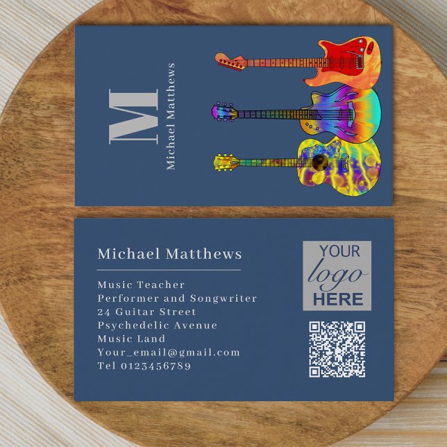Gitarrenmusiklehrer - Kundenspezifischer QR-Code u Visitenkarte (Guitar music tutor professional musician logo QR code blue gray Business card)