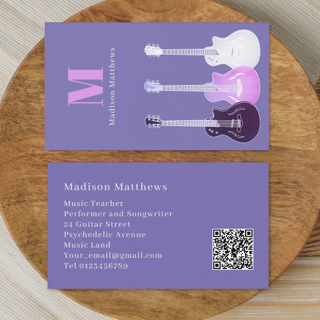 Gitarrenmusiklehrer - Lila QR-Code Visitenkarte (Modern Guitar teacher music tutor musician performer Pink purple Business card)