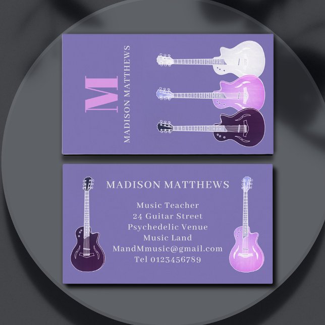 Gitarrenmusiklehrer Lila Visitenkarte (Guitar music teacher purple and pink professional business card with monogram)