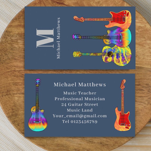 Gitarrenmusiklehrer Monogram Personalisiert Visitenkarte (Modern guitar music teacher professional musician blue Business card Colorful guitar art)
