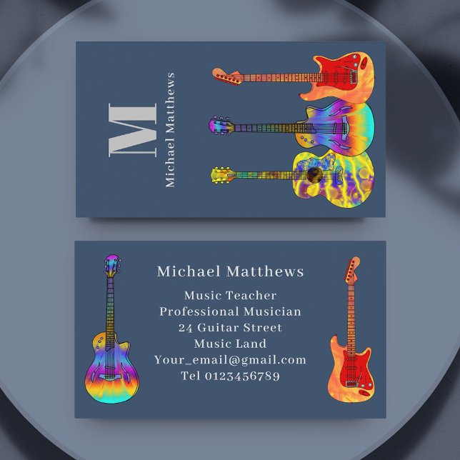 Gitarrenmusiklehrer Monogram Personalisiert Visitenkarte (Modern guitar music teacher musician custom blue business card)