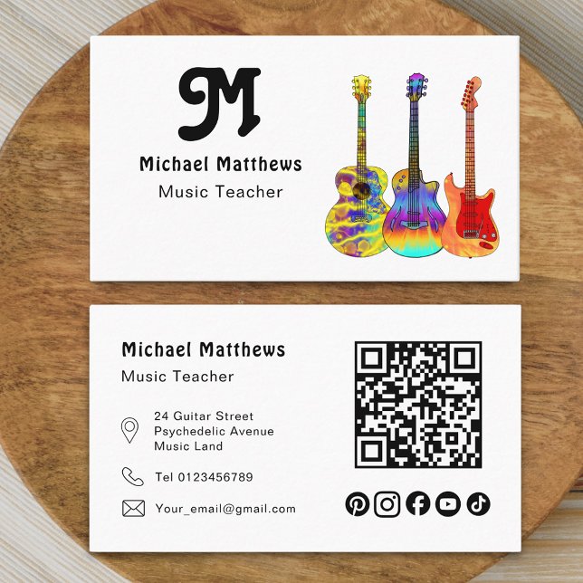 Gitarrenmusiklehrer QR-Code Social Media Custom Visitenkarte (Modern guitar music tutor professional musician social media qr code Business card colorful guitars)
