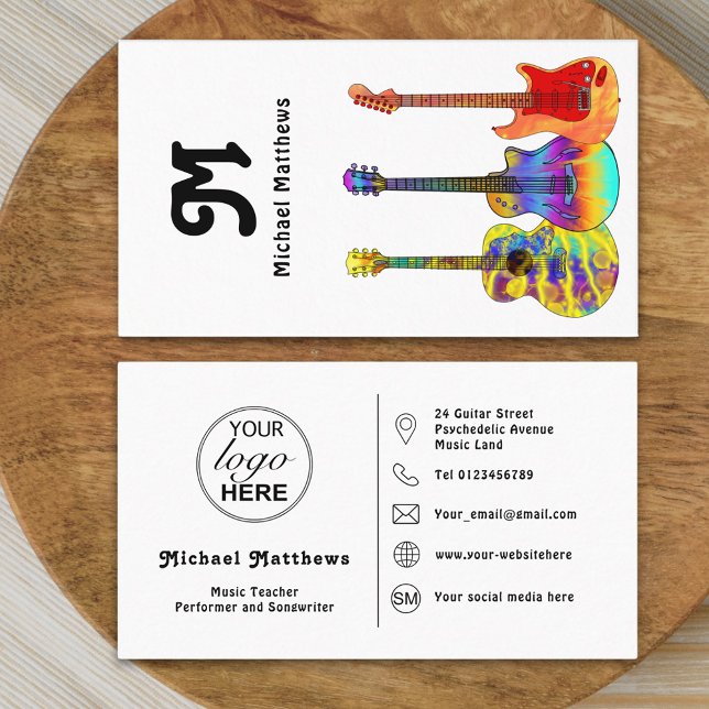 Gitarrenmusiklehrer - Symbol für Social Media-Logo Visitenkarte (Modern guitar teacher professional musician logo social media Business card retro groovy typography )