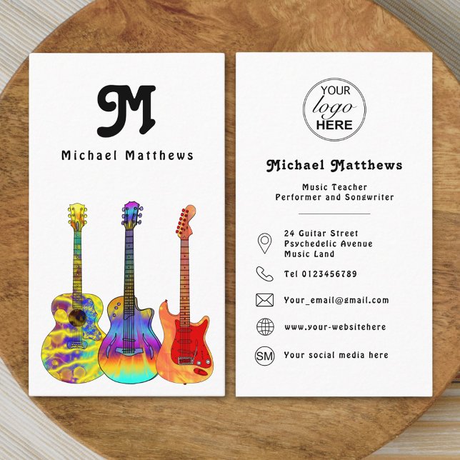 Gitarrenmusiklehrer - Symbol für Social Media-Logo Visitenkarte (Retro Modern guitar music tutor professional musician logo Business card Colorful guitar art)