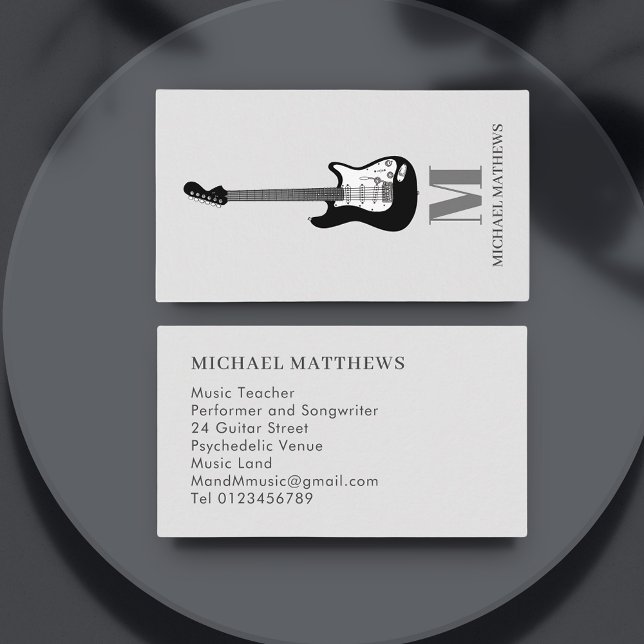 Gitarrenmusiklehrer Visitenkarte (Modern guitar music teacher business card with black and white electric guitar art & custom monogram)