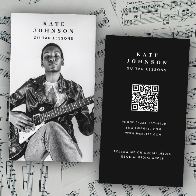 Gitarrenunterricht Musiker Foto Social Media QR Co Visitenkarte (Guitar Lessons Musician Photo Social Media QR Code Business Card)