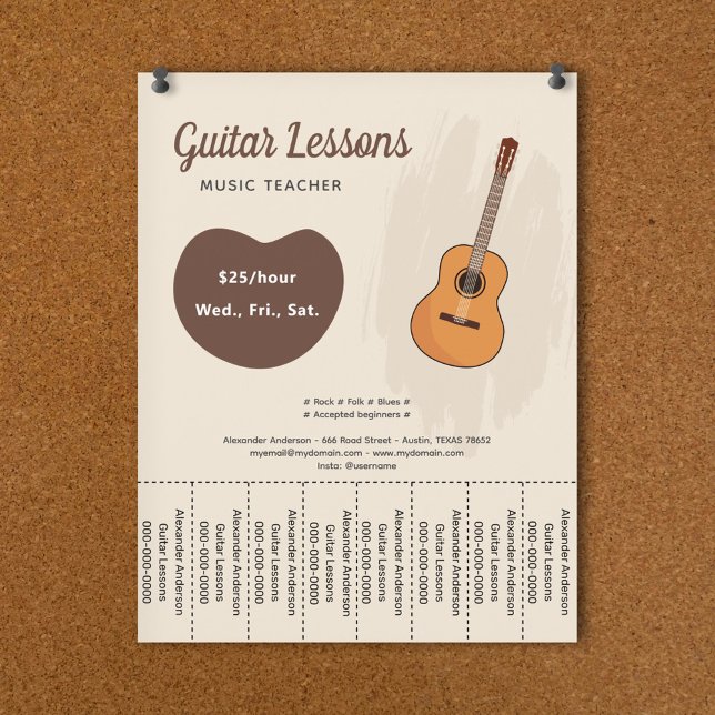 Gitarrenunterricht reißt den Strips-Flyer ab Flyer (Guitar Lessons Tear Off Strips Flyer)