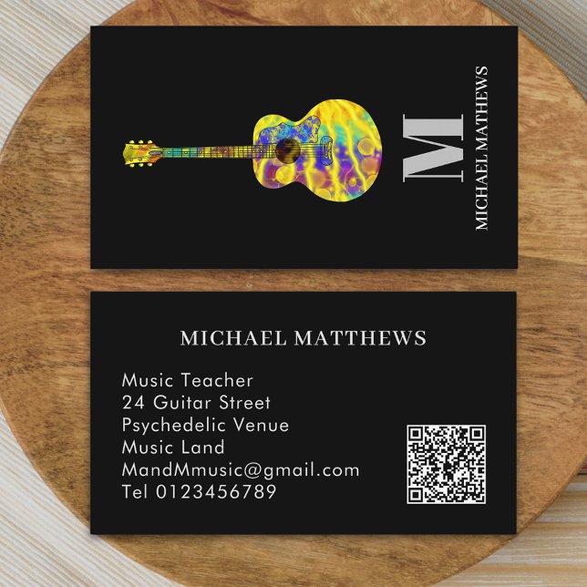 Gitarrist Beruflicher QR-Code Visitenkarte (Modern guitar music teacher professional musician qr code Business card colorful psychedelic guitar )