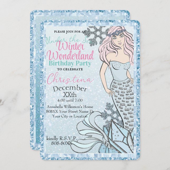 Gitter Frozen Mermaid Princess Winter Theme Party Einladung (Vorne/Hinten)