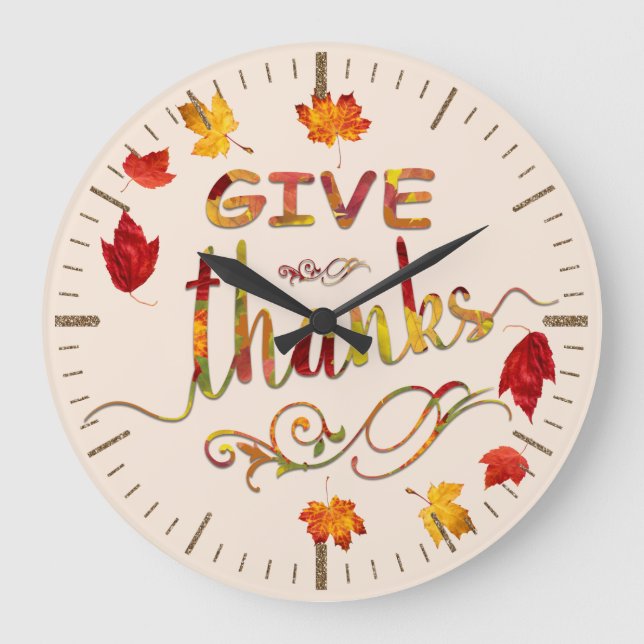 Give Thanks Fall Rustic Thanksgiving Monogram Große Wanduhr (Vorderseite)
