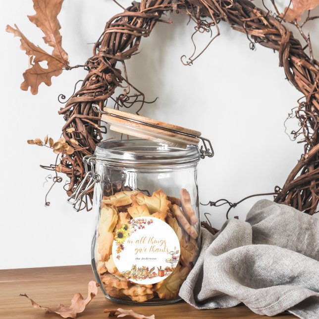 Give Thanks | Watercolor Thanksgiving Monogram Runder Aufkleber (Von Creator hochgeladen)