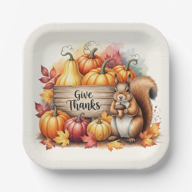 Give Thanks – Whimsical Squirrel & Pumpkin Harvest Pappteller (Vorderseite)