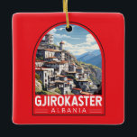 Gjirokaster Albanien Reisen Kunst Vintag Keramikornament<br><div class="desc">Gjirokastër retro Vektorreise Design. Es liegt in einem Tal zwischen dem Gjerë-Gebirge und dem Drino.</div>