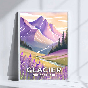 Glacier National Park Frühlings-Lavendel-Aquarel Poster