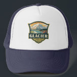 Glacier National Park Illustration Reisen Vintag Truckerkappe<br><div class="desc">Gletschervektorkunstgestaltung. Der Park ist ein Wildnisgebiet im Montana's Rocky Mountains,  mit Gletscherspitzen und Tälern,  die bis zur kanadischen Grenze laufen.</div>