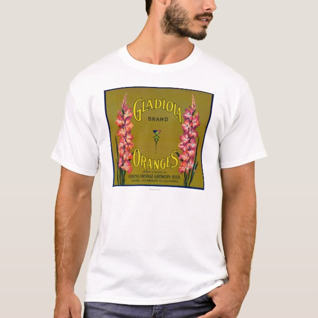 Gladiola Marken-Zitrusfrucht-Kisten-Aufkleber T-Shirt (Vorderseite)