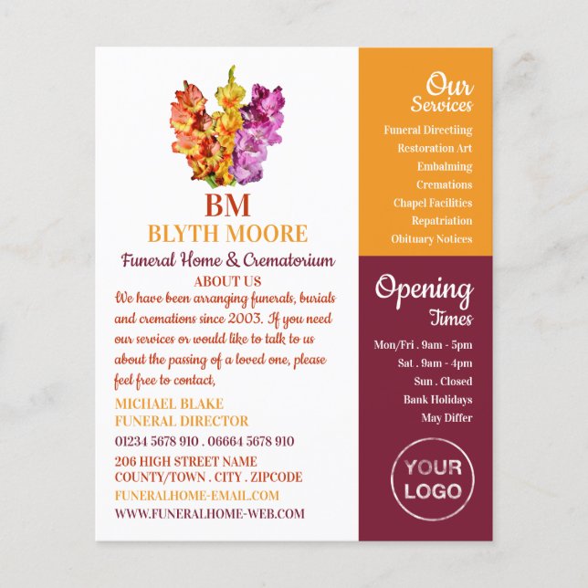 Gladiolus Blume, Beerdigung Zuhause, Direktoren Flyer (Vorne)