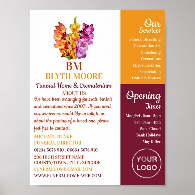 Gladiolus Blume, Beerdigung Zuhause, Direktoren Poster (Vorne)