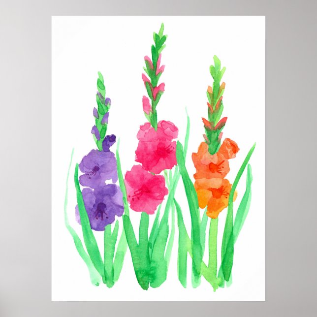 Gladiolus Blume Lila Rosa Orange Wasserfarbe Poster (Vorne)