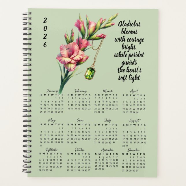 Gladiolus & Peridot August Verse – 2026 Full-Year  Planer (Vorderseite)