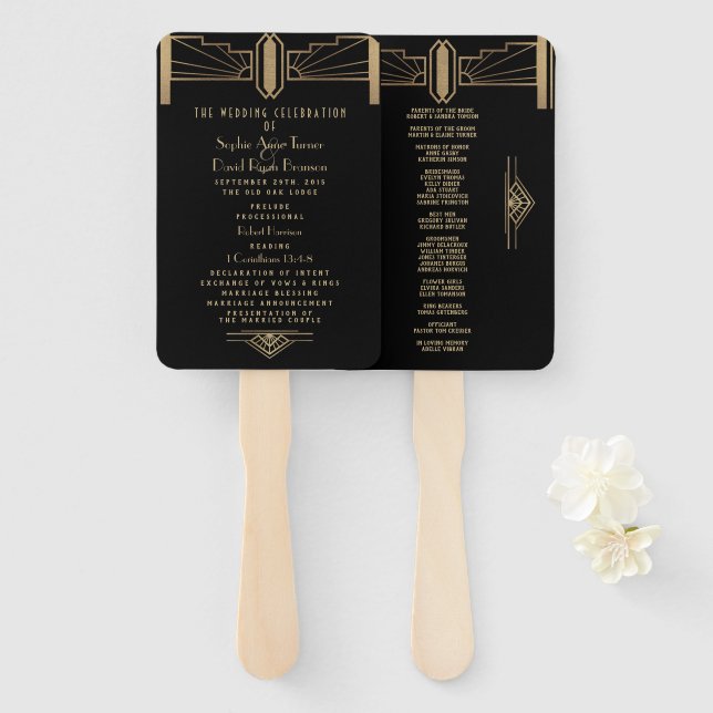 Glam 20's Great Gatsby Art Deco Wedding Programm Fächer (Vorne und Hinten)