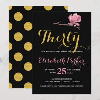 Glam 30. Geburtstag Gold Schwarz Punkte floral Einladung