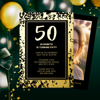 Glam 50. Black Gold Geburtstag Foto Bold Luxe Folieneinladung