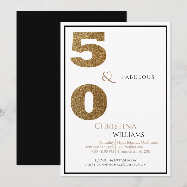 Glam 50 & Fabulous Black & Gold Geburtstag Einladung (Vorne/Hinten)