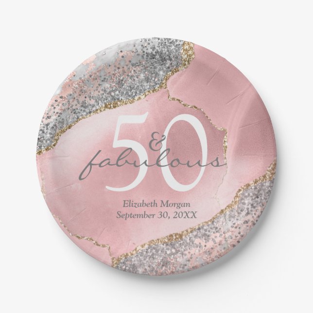 Glam 50 Fantastische Rose Gold Glitzer Name Geburt Pappteller (Vorderseite)