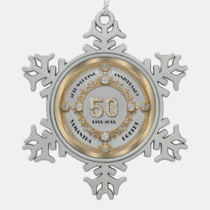 Glam 50 Jubiläum Weißer Diamant Set in Gold Schneeflocken Zinn-Ornament