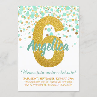 Glam 6. Geburtstag Mint Green Gold Glitzer Confett Einladung