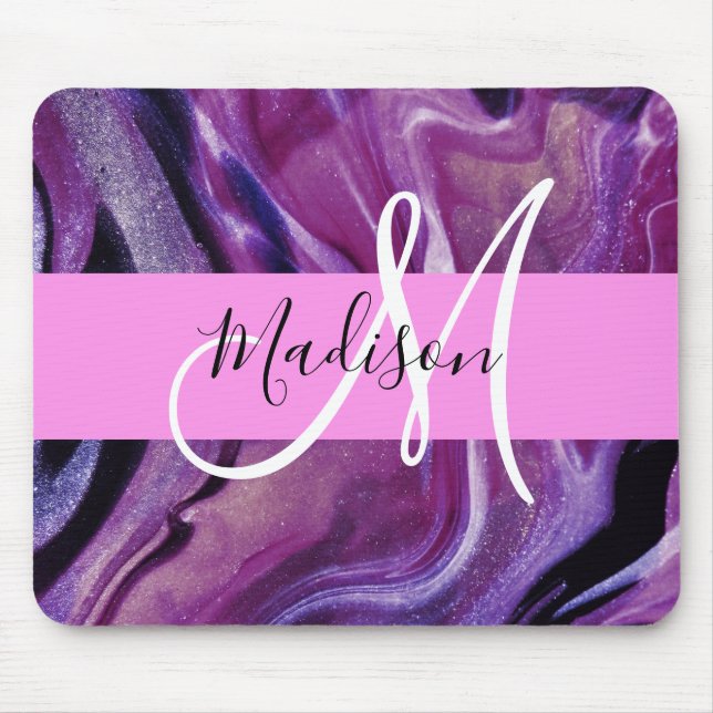 Glam Abstrakt Lila Shimmer Textur Rosa Monogramm Mousepad (Vorne)