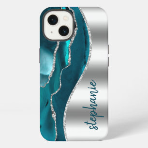 Glam Achat Geode Metallic Silber Türkis Name iPhone 13 Hülle