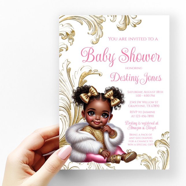 Glam Afro Baby Girl Pink Gold Baby Dusche Einladung (Von Creator hochgeladen)
