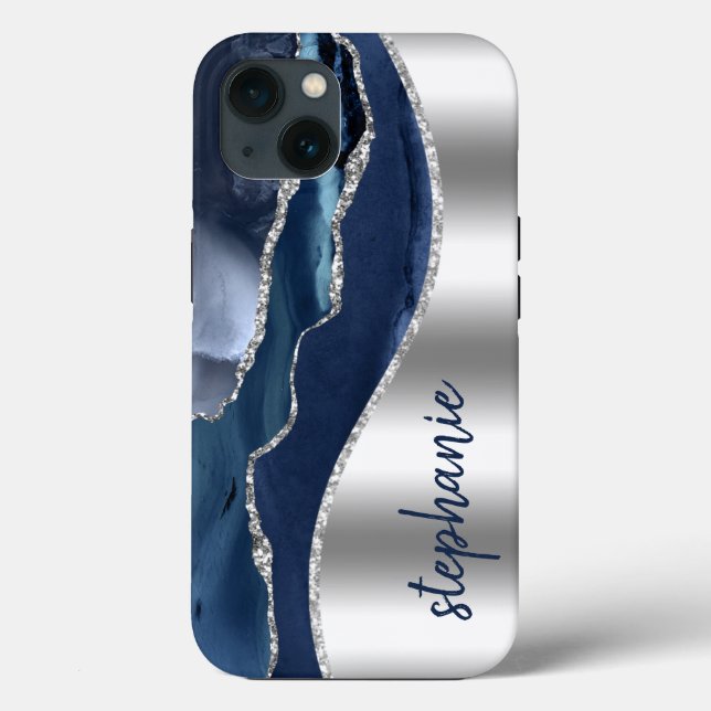 Glam Agate Geode Metallic Silberblauer Name Case-Mate iPhone Hülle (Rückseite)