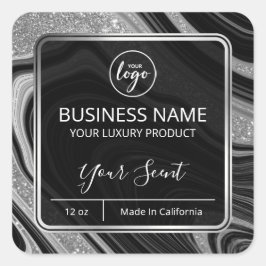 Glam Agate Silver Glitzer Black Candle Labels Quadratischer Aufkleber