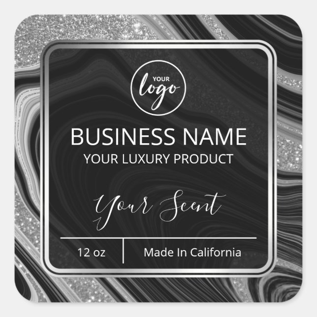 Glam Agate Silver Glitzer Black Candle Labels Quadratischer Aufkleber (Vorderseite)