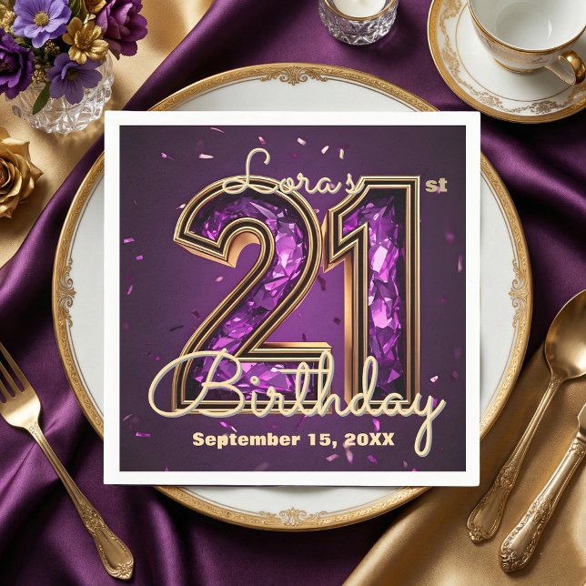 Glam Amethyst Purple Crystal Gold 21st Birthday Serviette (Von Creator hochgeladen)