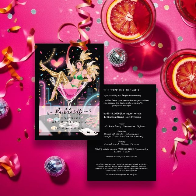 Glam and Funny Showgirl Cocktail Glass Wedding Einladung (Glam and Funny Showgirl Inside Cocktail Glass Wedding Bachelorette Weekend Invitations Cards.)