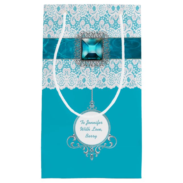 Glam Aqua Blue und Lace Custom Gift Bag Kleine Geschenktüte (Vorderseite)