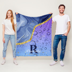 Glam Aqua Blue Water Droplets Ombre   Monogramm Fleecedecke