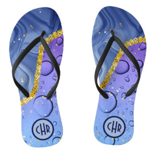 Glam Aqua Blue Water Droplets Ombre   Monogramm Flip Flops