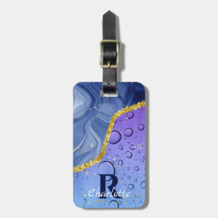 Glam Aqua Blue Water Droplets Ombre   Monogramm Gepäckanhänger